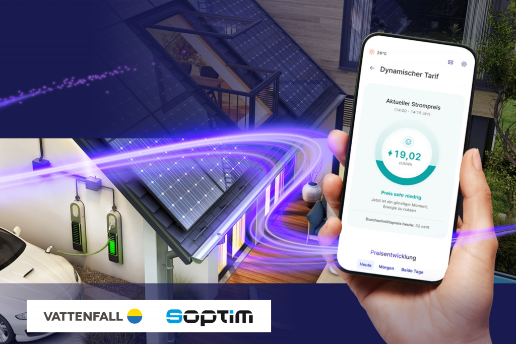 Dynamische Tarife Kundenportal – Smartphone mit App-Anzeige neben Haus mit PV-Anlage, Wallbox und Energievisualisierung